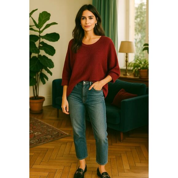 Neiman Marcus Cashmere Ribbed Sweater Sz XL Longline Burgundy Batwing Boat Neck - Picture 1 of 7